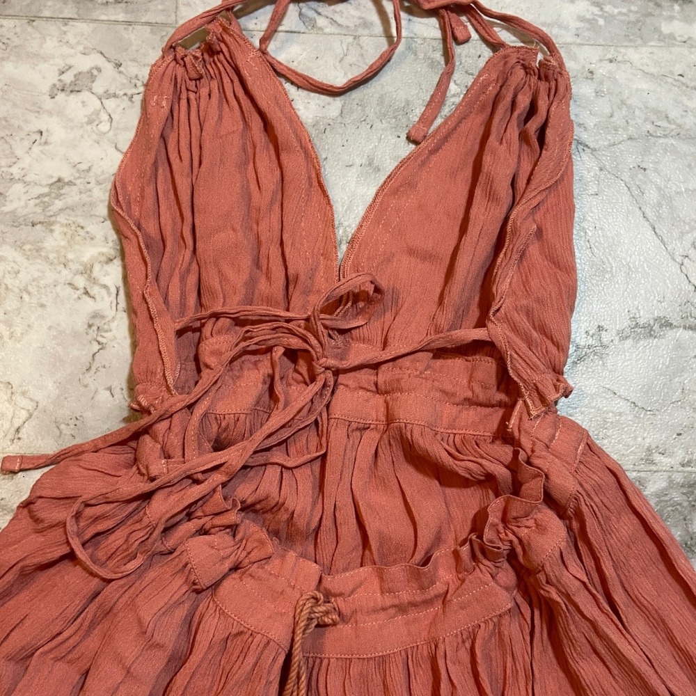 Boho Terracotta Halter Mini Dress Sz Med Deep-V Backless Ruffle Lace Skirt - Picture 7 of 12